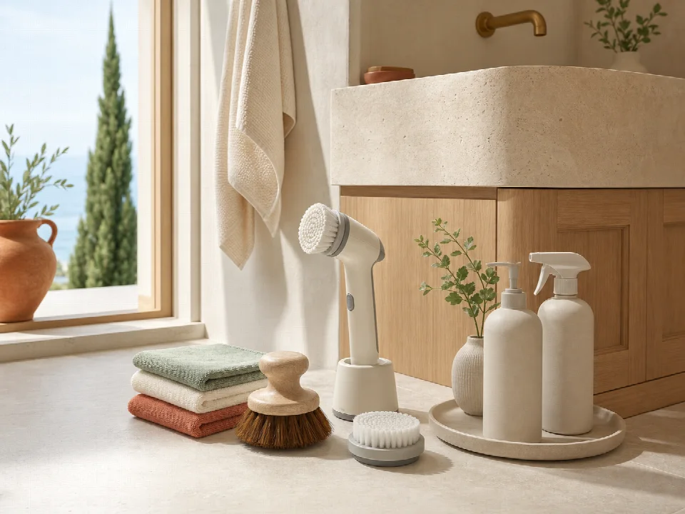 Productos de limpieza inteligente en un baño luminoso