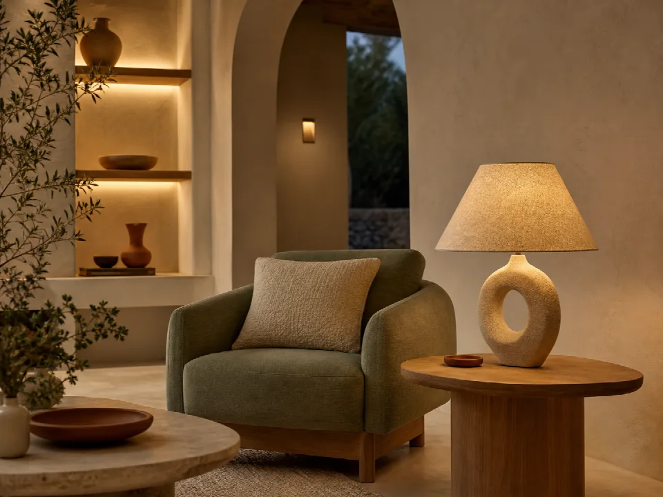 Rincón de salón con iluminación ambiental cálida