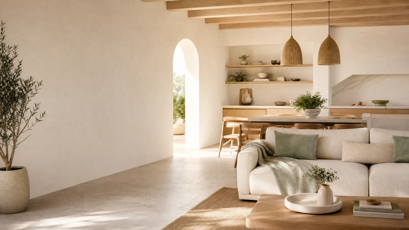 Salón y cocina contemporáneos en tonos cálidos